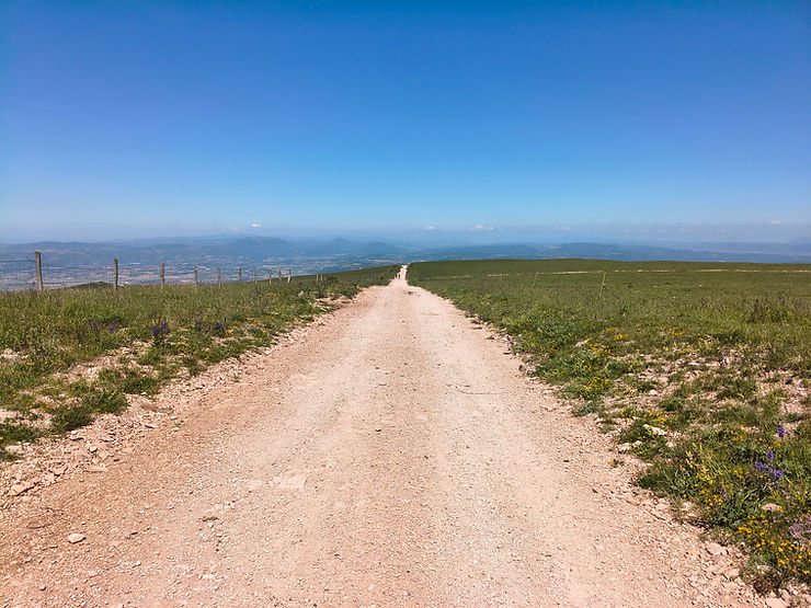 Dirt path through green meadow toward distant mountains under a clear blue sky, with tiny hikers in the distance.